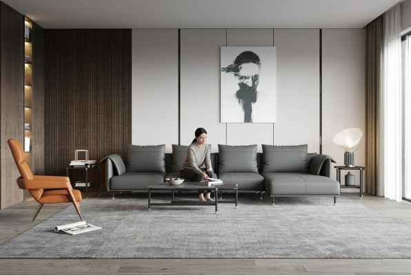 Canapé d'angle en cuir gris Suite Gris en L-Forme avec revêtement en cuir.