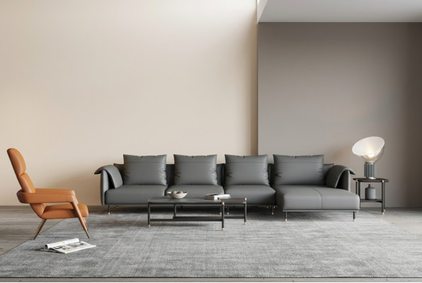 Canapé d'angle en cuir gris Suite Gris en L-Forme avec revêtement en cuir.