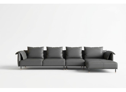 Canapé d'angle en cuir gris Suite Gris en L-Forme avec revêtement en cuir.