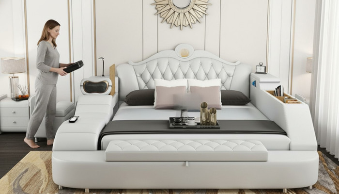 Lits en cuir de haute qualité 180x200 avec étagères pour chambre multifonctionnelle.