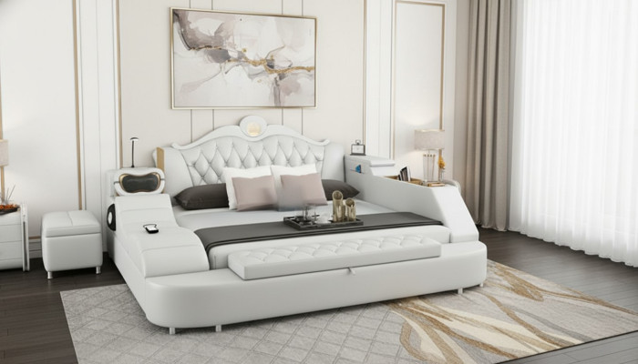 Lits en cuir de haute qualité 180x200 avec étagères pour chambre multifonctionnelle.