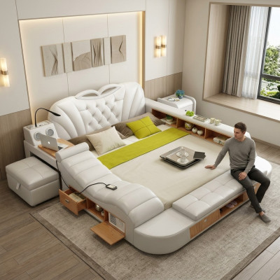 Lit en cuir double de luxe design Hôtel Rembourrage Moderne Lits Multifonctionnels