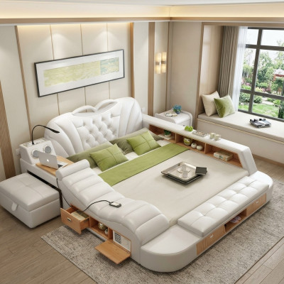 Lit en cuir double de luxe design Hôtel Rembourrage Moderne Lits Multifonctionnels