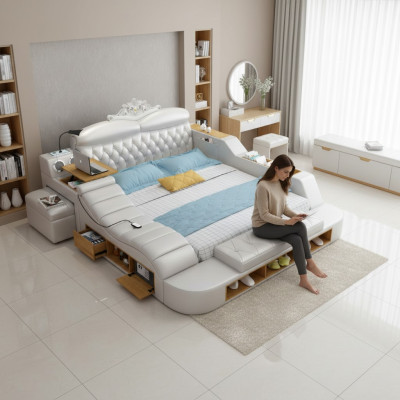 Double Luxury Design Hôtel Lit en cuir Lits en tissu moderne Multifonction
