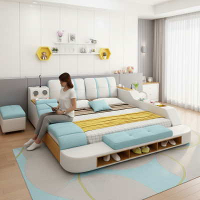 Lit en cuir double design avec rembourrage, lits modernes 180x200 cm.