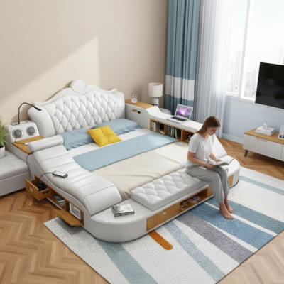 Lit de design de luxe double 180x200 en cuir multifonction Chesterfield
