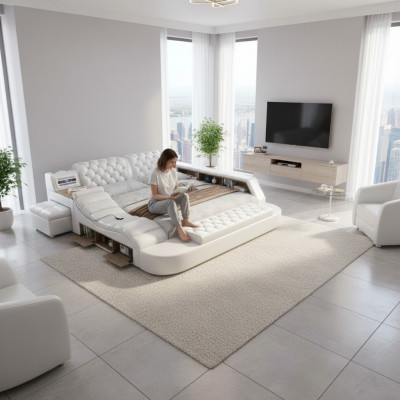 Lit double de luxe multifonction rembourré pour lits d'eau 180x200 avec radio USB et musique