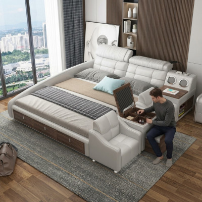 Lits en cuir de design de luxe multifonctionnel avec étagère de rangement double pour hôtel.