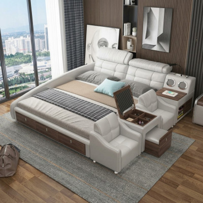 Lits en cuir de design de luxe multifonctionnel avec étagère de rangement double pour hôtel.