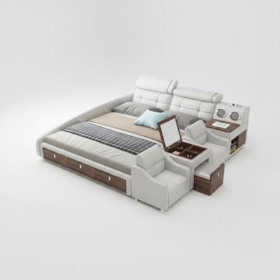 Lits en cuir de design de luxe multifonctionnel avec étagère de rangement double pour hôtel.