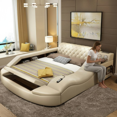 Lit en cuir de design de luxe multifonction avec étagère double pour hôtel.