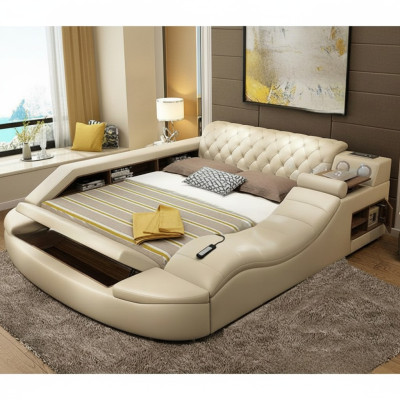 Lit en cuir de design de luxe multifonction avec étagère double pour hôtel.