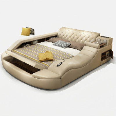 Lit en cuir de design de luxe multifonction avec étagère double pour hôtel.