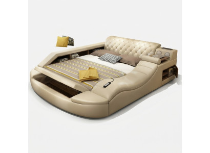 Lit en cuir de design de luxe multifonction avec étagère double pour hôtel.