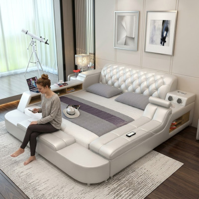 Design Lit Grands Lits Cuir Hôtel Tapisserie 180x200 Étagère Multifonction