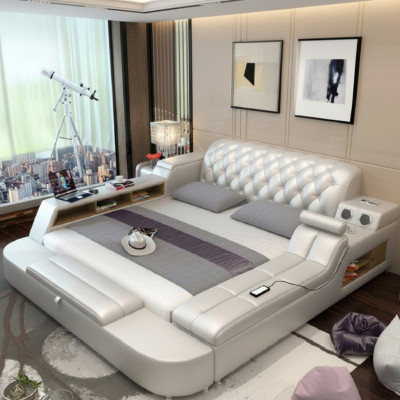 Design Lit Grands Lits Cuir Hôtel Tapisserie 180x200 Étagère Multifonction