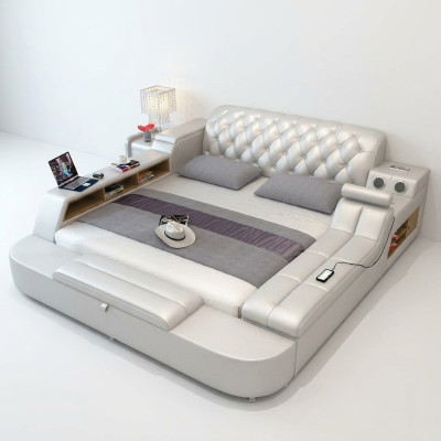 Design Lit Grands Lits Cuir Hôtel Tapisserie 180x200 Étagère Multifonction