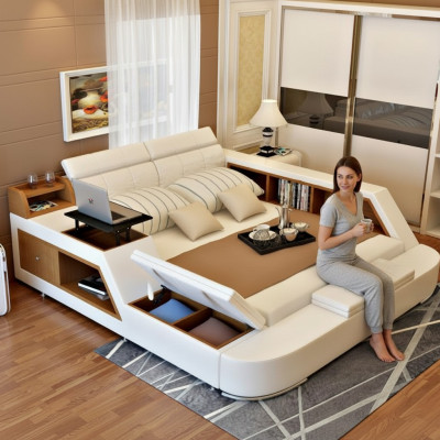 Lit double en cuir design luxueux, lits rembourrés, hôtel moderne