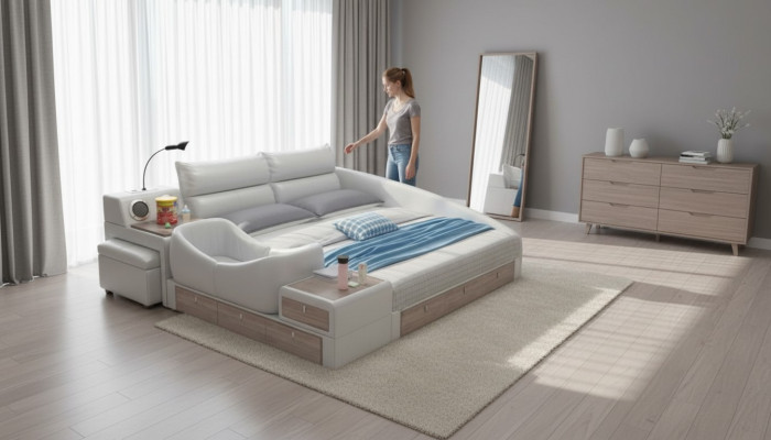 Lit multifonction étagère armoire station de charge USB lits en cuir double