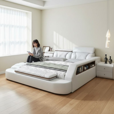 Lit de luxe en cuir Lit 180x200 Lit multifonction de chambre à coucher avec étagères