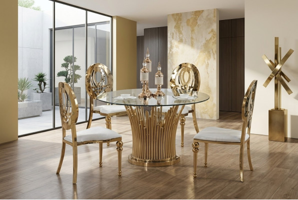 Table ronde en acier inoxydable Ronde 5pcs Table de salle à manger ronde + ensemble de 4 chaises