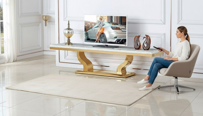 Buffet design moderne en acier inoxydable pour télévision, étagère, commode, console neuve.