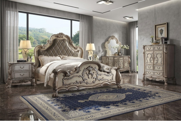 Ensemble complet de chambre royal baroque Lit Coiffeuse Table de chevet 6 pièces.