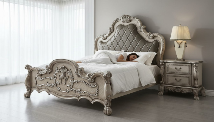Lit double en bois de design baroque de luxe en argent 200x200cm avec rembourrage pour chambre à coucher.