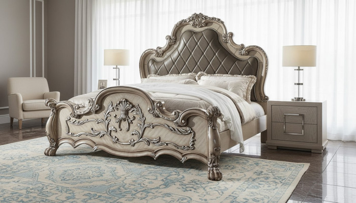 Lit double en bois de design baroque de luxe en argent 200x200cm avec rembourrage pour chambre à coucher.