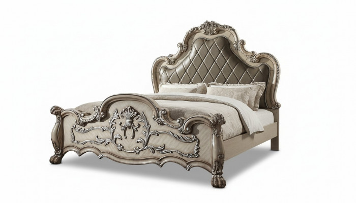 Lit double en bois de design baroque de luxe en argent 200x200cm avec rembourrage pour chambre à coucher.