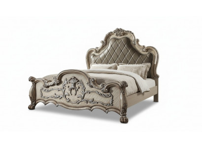 Lit double en bois de design baroque de luxe en argent 200x200cm avec rembourrage pour chambre à coucher.