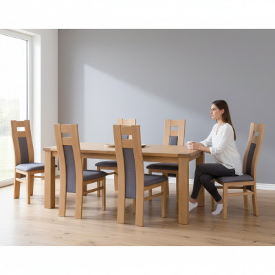 Suite complète de 8 chaises de designer pour salle à manger, dossier incliné, siège rembourré, tissu pour chaises.