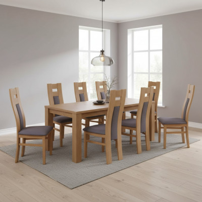 Suite complète de 8 chaises de designer pour salle à manger, dossier incliné, siège rembourré, tissu pour chaises.