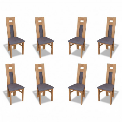 Suite complète de 8 chaises de designer pour salle à manger, dossier incliné, siège rembourré, tissu pour chaises.