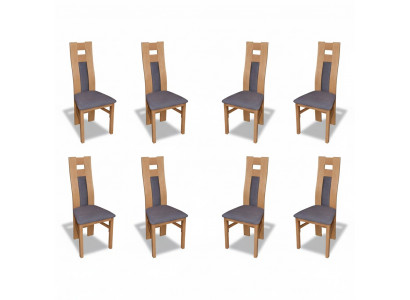 Suite complète de 8 chaises de designer pour salle à manger, dossier incliné, siège rembourré, tissu pour chaises.
