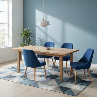 Meubles de salle à manger en bois de chêne modernes et élégants, ensemble de meubles comprenant 4 chaises de luxe bleues nouvelles.
