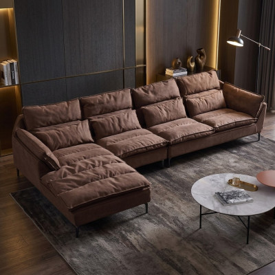 Salle de séjour Design Coin Textile Cuir Marron Luxe Canapé Sofa Tapissage en forme de L neuf