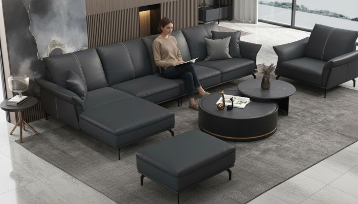 Salon en forme de L Noir Moderne de Luxe Canapé Canapé Multifonction