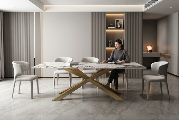 Conception de tables de vie pour salle à manger 180x90cm Table de salle à manger en acier inoxydable avec pieds en X.