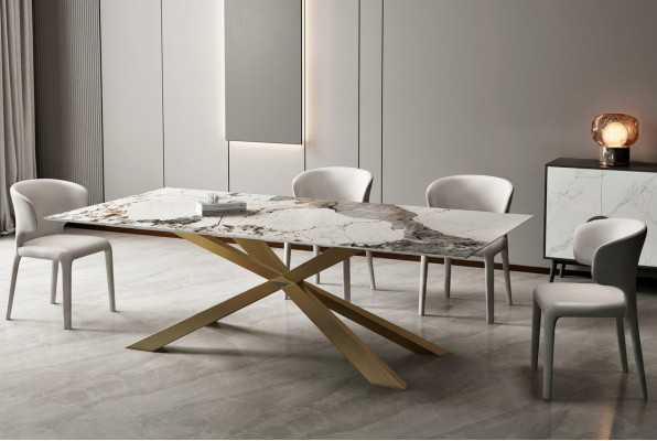 Conception de tables de vie pour salle à manger 180x90cm Table de salle à manger en acier inoxydable avec pieds en X.