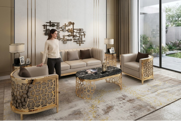Conception Canapés rembourrés Cuir Relax Moderne neuf Beige Ensemble de sièges 3+1+1 places