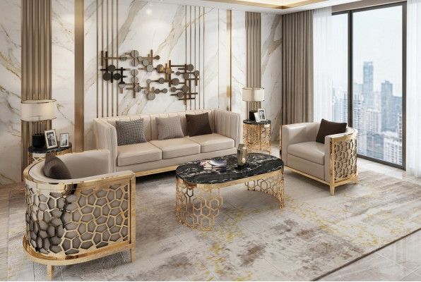 Conception Canapés rembourrés Cuir Relax Moderne neuf Beige Ensemble de sièges 3+1+1 places