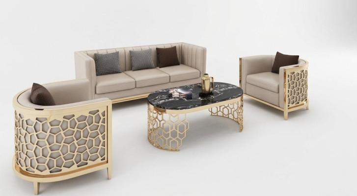 Conception Canapés rembourrés Cuir Relax Moderne neuf Beige Ensemble de sièges 3+1+1 places