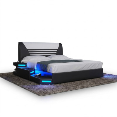 Lits Lit double design élégant Meubles rembourrés Cuir Blanc 180x200 nouveau