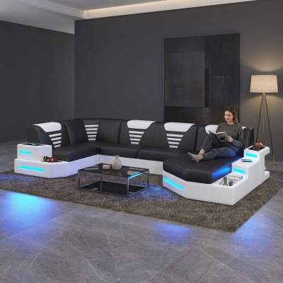 Canapé d'angle Rembourrage Canapé d'angle en cuir Paysage vivant en forme de U +LED