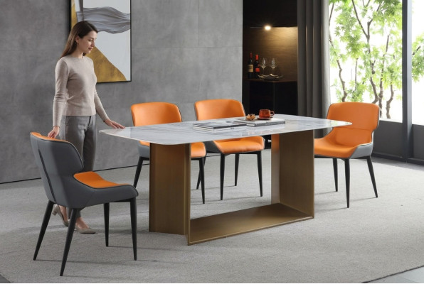 Tables de luxe Table à manger en acier inoxydable Meubles Table colonne en marbre Style Tables à manger en métal
