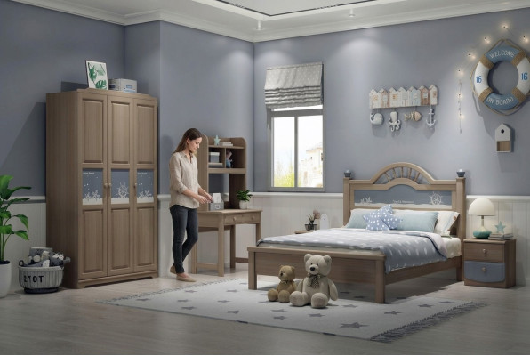 Jeu de chambre pour enfants et jeunes avec armoire moderne, lit, table de chevet et table - 5 pièces.