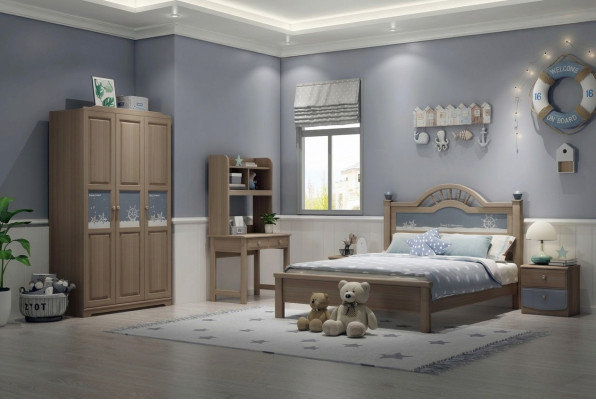 Jeu de chambre pour enfants et jeunes avec armoire moderne, lit, table de chevet et table - 5 pièces.