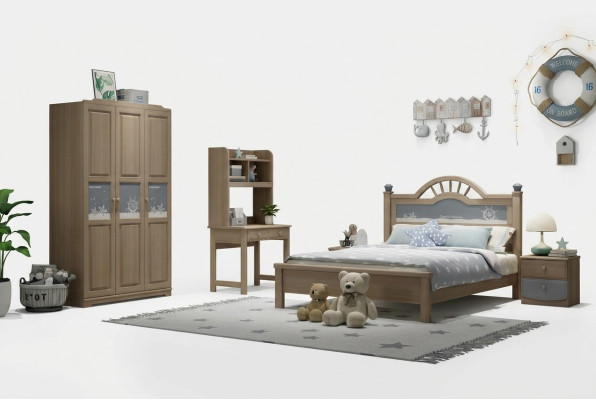 Jeu de chambre pour enfants et jeunes avec armoire moderne, lit, table de chevet et table - 5 pièces.