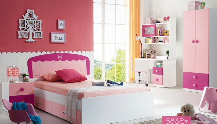 Mettez la table, le lit, l'armoire et la commode 4pcs - Chambre de jeune complète - Chambre d'enfant